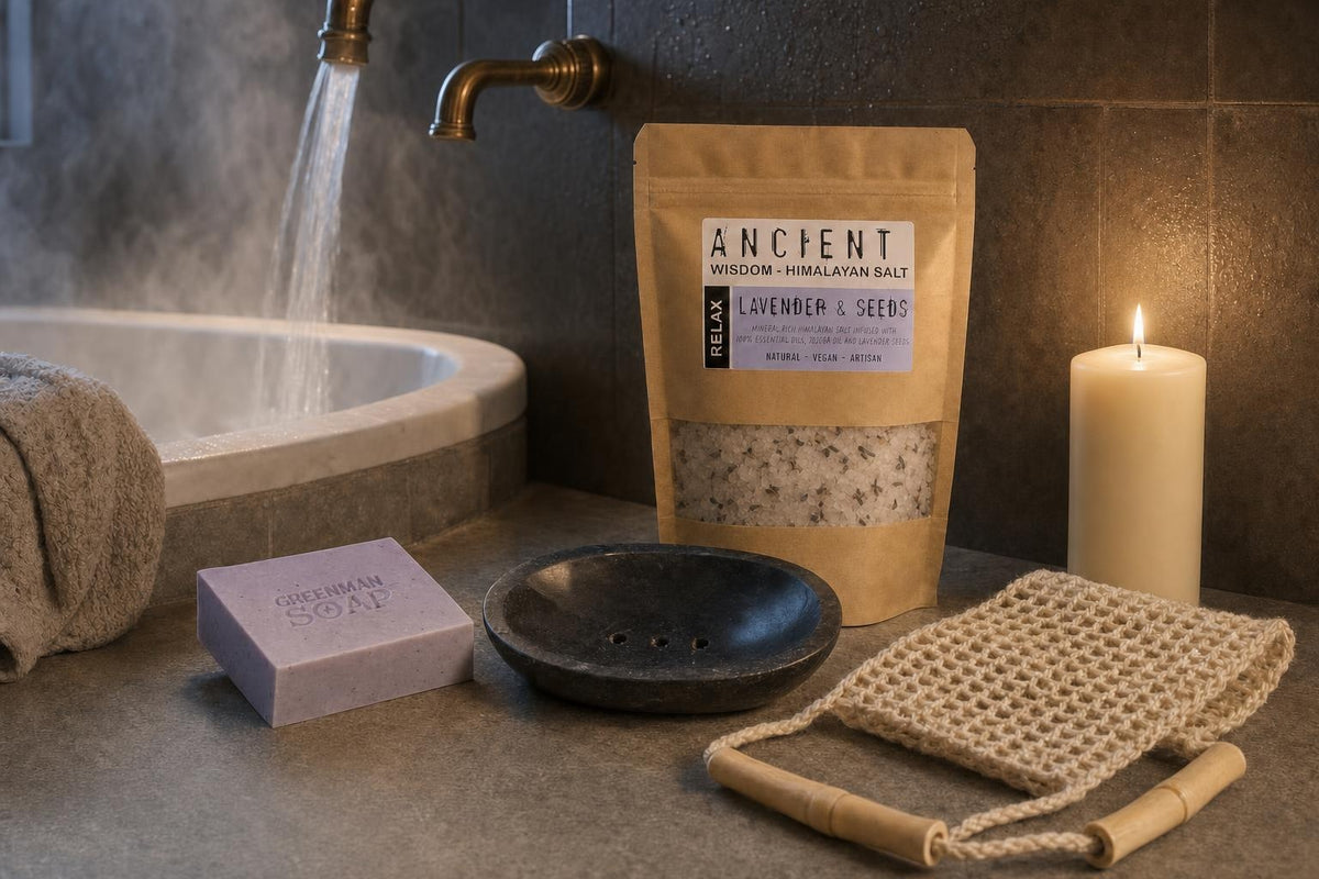 The Long Bath: A bath gift set: lavender Himalayan bath salts, a handmade lavender soap, a black marble soap dish, a jute back scrubber and an ivory candle