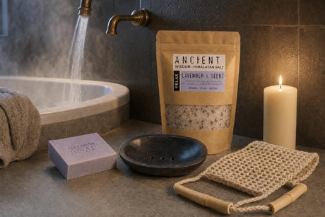 The Long Bath: A bath gift set: lavender Himalayan bath salts, a handmade lavender soap, a black marble soap dish, a jute back scrubber and an ivory candle
