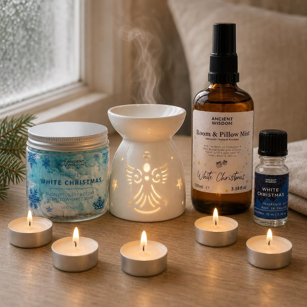The House on Christmas Day: A Christmas gift set in one scent: White Christmas whipped soap, room and pillow spray, fragrance oil and an angel oil burner with tealights