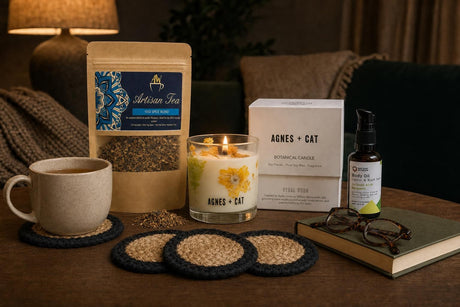 Lights Down at Nine: A relaxation gift for the evening: a botanical soy candle, a caffeine-free spice infusion, bergamot body oil and jute coasters