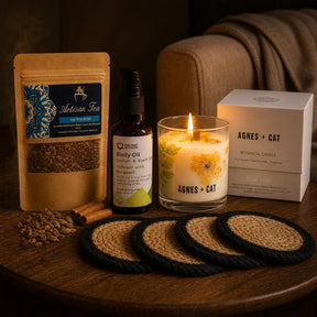 Lights Down at Nine: A relaxation gift for the evening: a botanical soy candle, a caffeine-free spice infusion, bergamot body oil and jute coasters