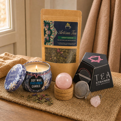 For a Hard Week: A thinking-of-you gift: a rose quartz sphere, a tea and rose tin candle, green tea with mint and rose, and a tea infuser