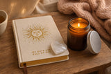 Three Good Things: A gratitude journal gift set: a 120-page gratitude journal with gold edges, an amber glass soy candle and a selenite heart