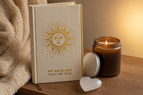 Three Good Things: A gratitude journal gift set: a 120-page gratitude journal with gold edges, an amber glass soy candle and a selenite heart
