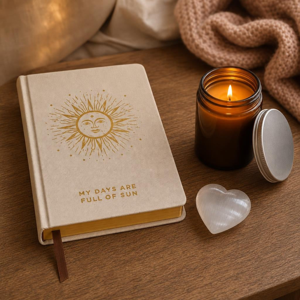 Three Good Things: A gratitude journal gift set: a 120-page gratitude journal with gold edges, an amber glass soy candle and a selenite heart