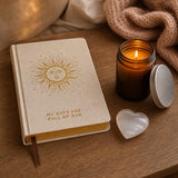 Three Good Things: A gratitude journal gift set: a 120-page gratitude journal with gold edges, an amber glass soy candle and a selenite heart