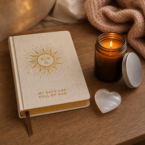 Three Good Things: A gratitude journal gift set: a 120-page gratitude journal with gold edges, an amber glass soy candle and a selenite heart