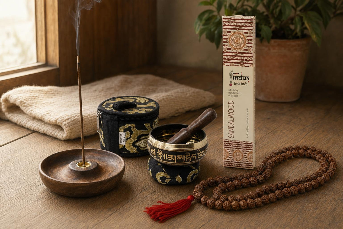 A Corner to Sit In: A meditation gift set: a small brass singing bowl with cushion and stick, hand-rolled sandalwood incense, a mango-wood holder and a rudraksha mala