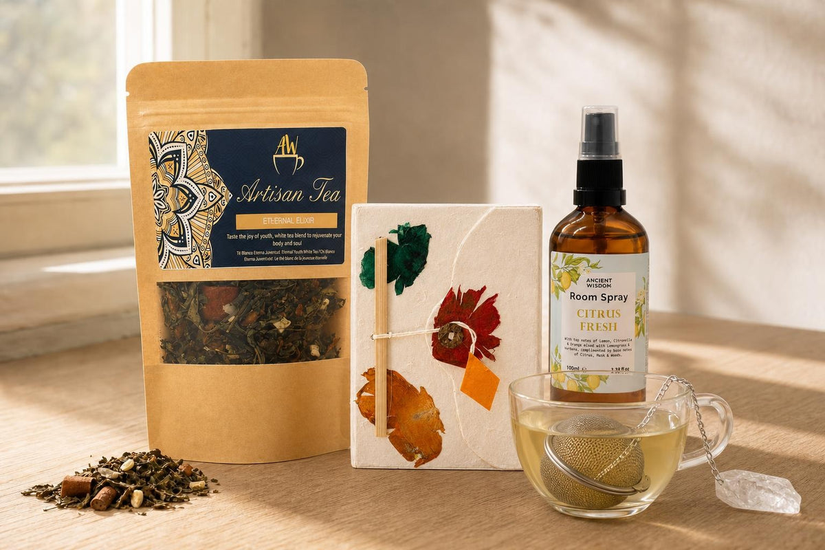 The First Hour: A morning routine set: a pressed-flower notebook, green and white tea, a quartz tea strainer and a citrus room spray