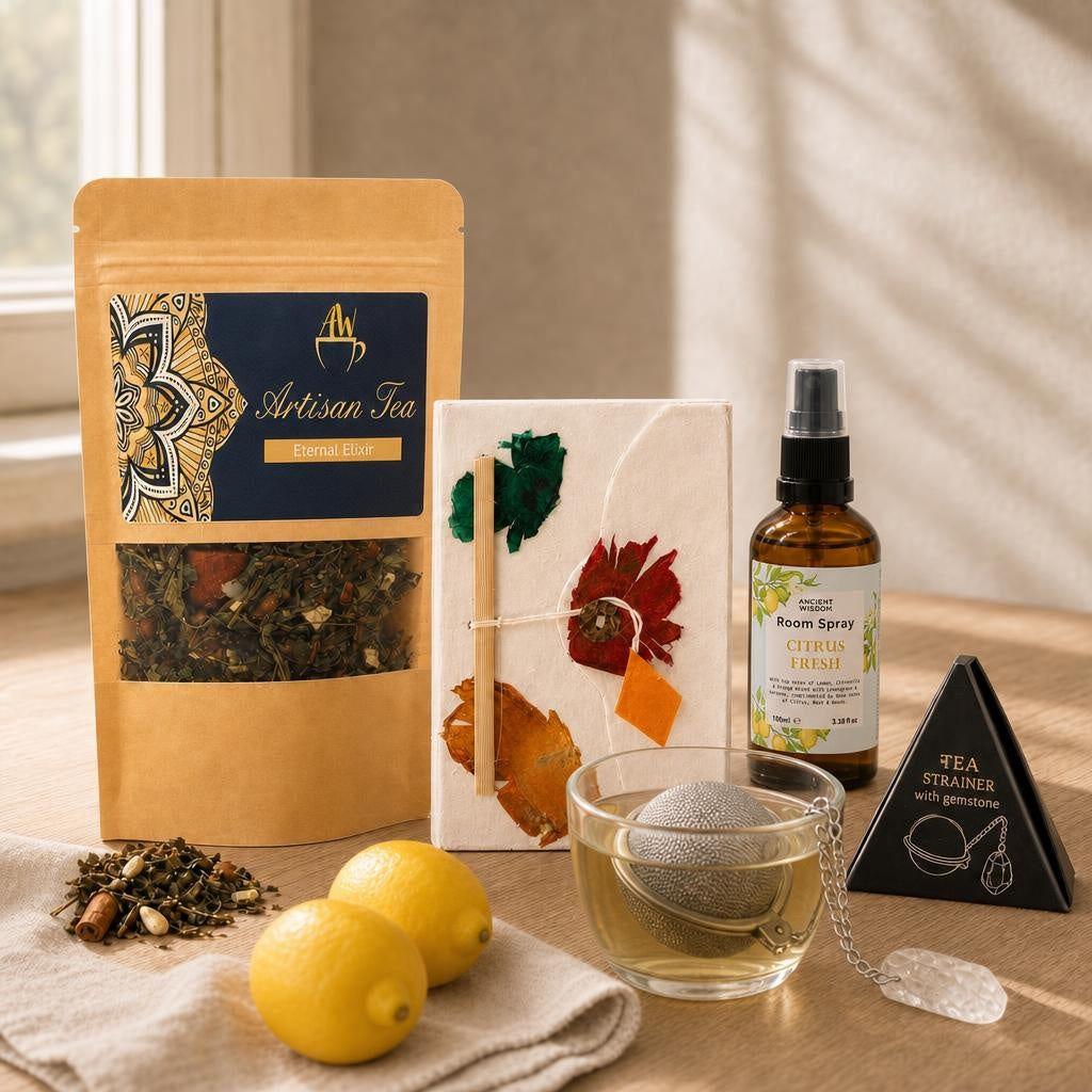 The First Hour: A morning routine set: a pressed-flower notebook, green and white tea, a quartz tea strainer and a citrus room spray