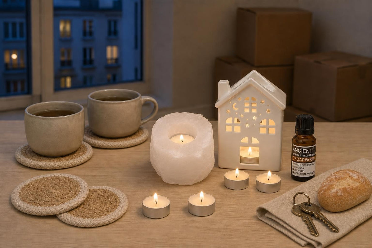 The First Evening Here: A housewarming gift: a white salt tealight holder, a little ceramic house oil burner with cedarwood oil, vanilla tealights and four jute coasters