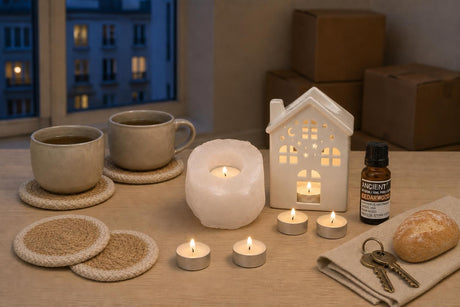 The First Evening Here: A housewarming gift: a white salt tealight holder, a little ceramic house oil burner with cedarwood oil, vanilla tealights and four jute coasters