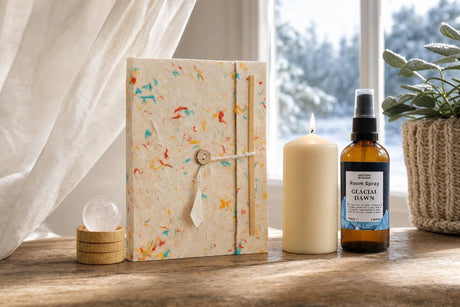 The First Page: A New Year gift: a handmade lokta journal, a clear quartz sphere, an ivory pillar candle and a lemon and pine room spray
