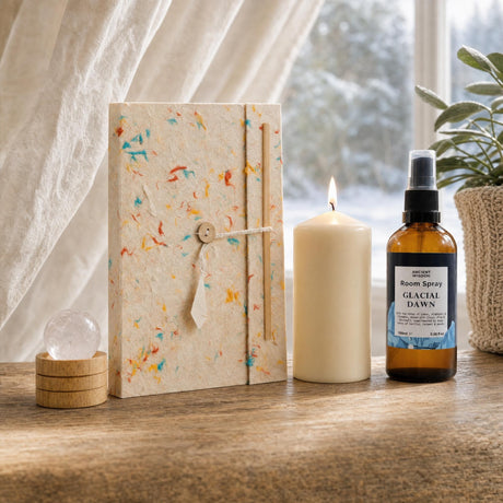 The First Page: A New Year gift: a handmade lokta journal, a clear quartz sphere, an ivory pillar candle and a lemon and pine room spray