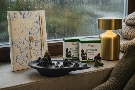 Rain and a Long Book: A gift for book lovers: a mountain backflow burner, patchouli cones, a lokta notebook and a small reading lamp