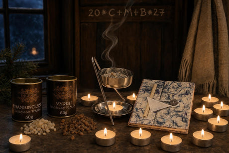 The Twelve Nights: Frankincense and myrrh for the Rauhnächte: a resin warmer with a mesh, a tub of each resin, 12 tealights and a lokta notebook