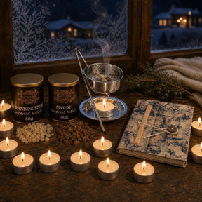 The Twelve Nights: Frankincense and myrrh for the Rauhnächte: a resin warmer with a mesh, a tub of each resin, 12 tealights and a lokta notebook