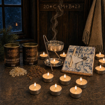 The Twelve Nights: Frankincense and myrrh for the Rauhnächte: a resin warmer with a mesh, a tub of each resin, 12 tealights and a lokta notebook