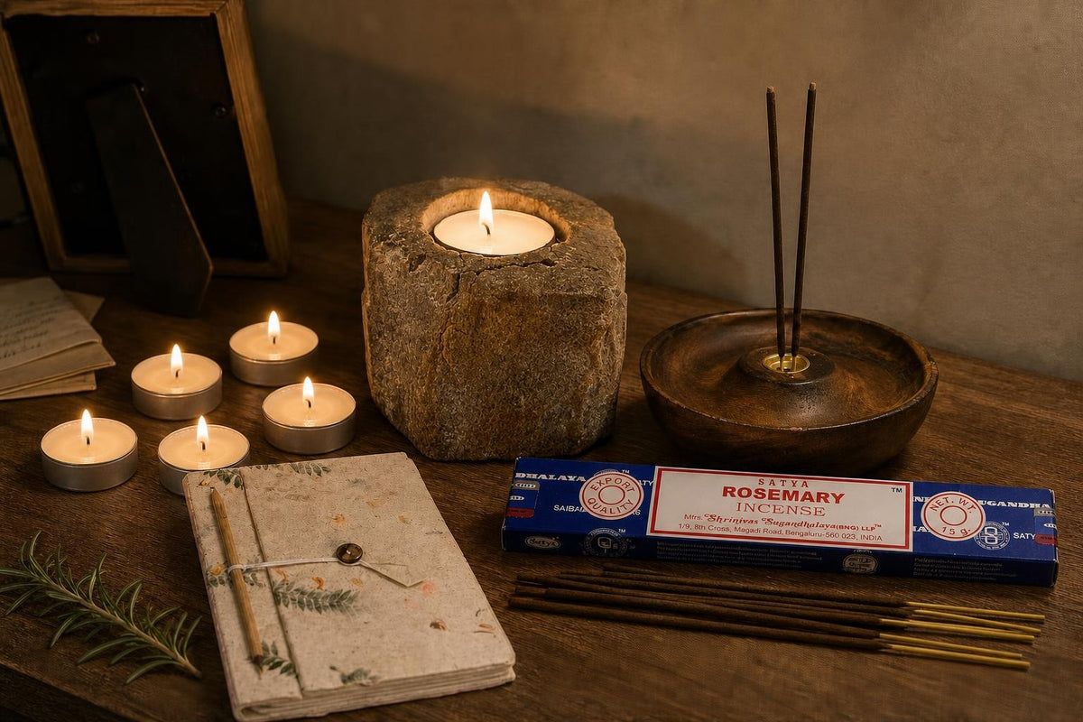 A Light Kept: A memorial gift: a petrified wood tealight holder, vanilla tealights, rosemary incense and a small notebook with a pencil