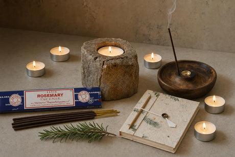 A Light Kept: A memorial gift: a petrified wood tealight holder, vanilla tealights, rosemary incense and a small notebook with a pencil