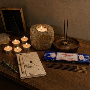 A Light Kept: A memorial gift: a petrified wood tealight holder, vanilla tealights, rosemary incense and a small notebook with a pencil