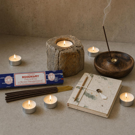 A Light Kept: A memorial gift: a petrified wood tealight holder, vanilla tealights, rosemary incense and a small notebook with a pencil