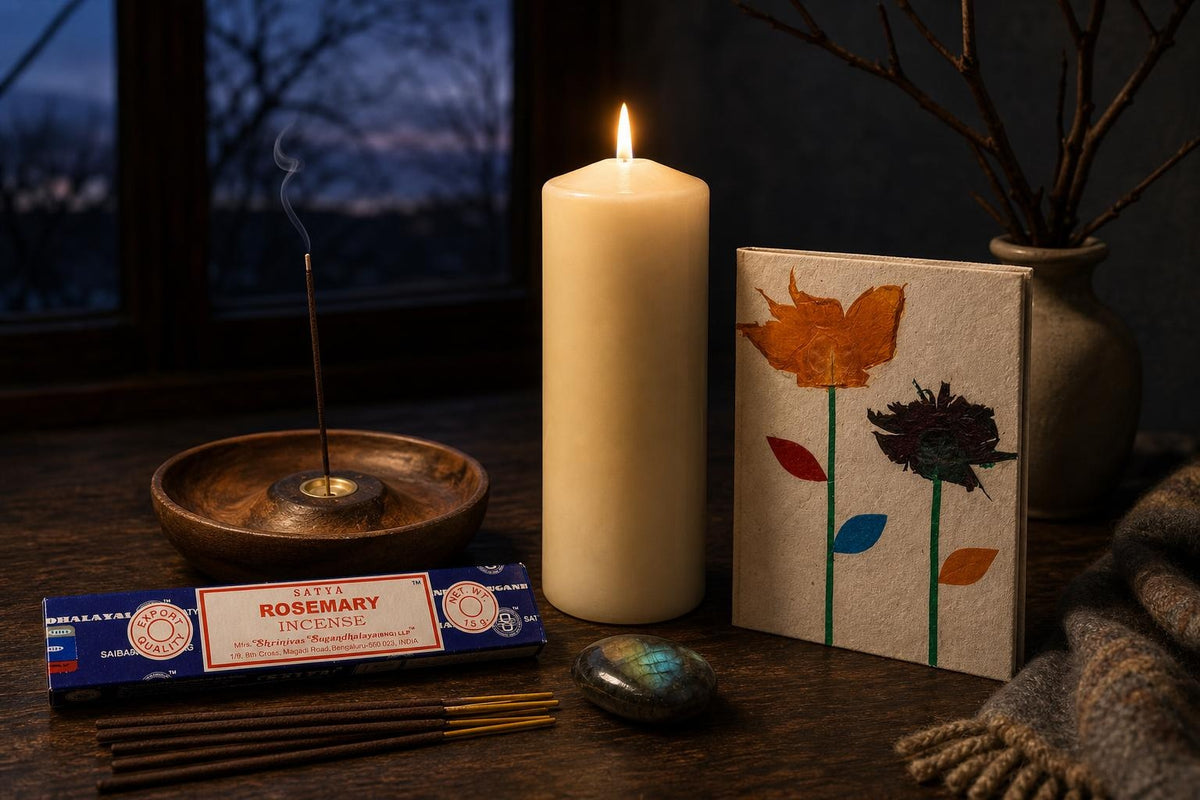 The Longest Night: A winter solstice ritual set: a tall ivory pillar, rosemary incense, a labradorite stone and a pressed-flower notebook