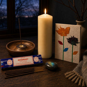 The Longest Night: A winter solstice ritual set: a tall ivory pillar, rosemary incense, a labradorite stone and a pressed-flower notebook