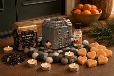 Oranges and Cloves: A St Nicholas gift in orange and clove: a townhouse oil burner on a felt star, cinnamon and orange oil, cinnamon tealights, orange soap hearts and a spiced tea with cloves