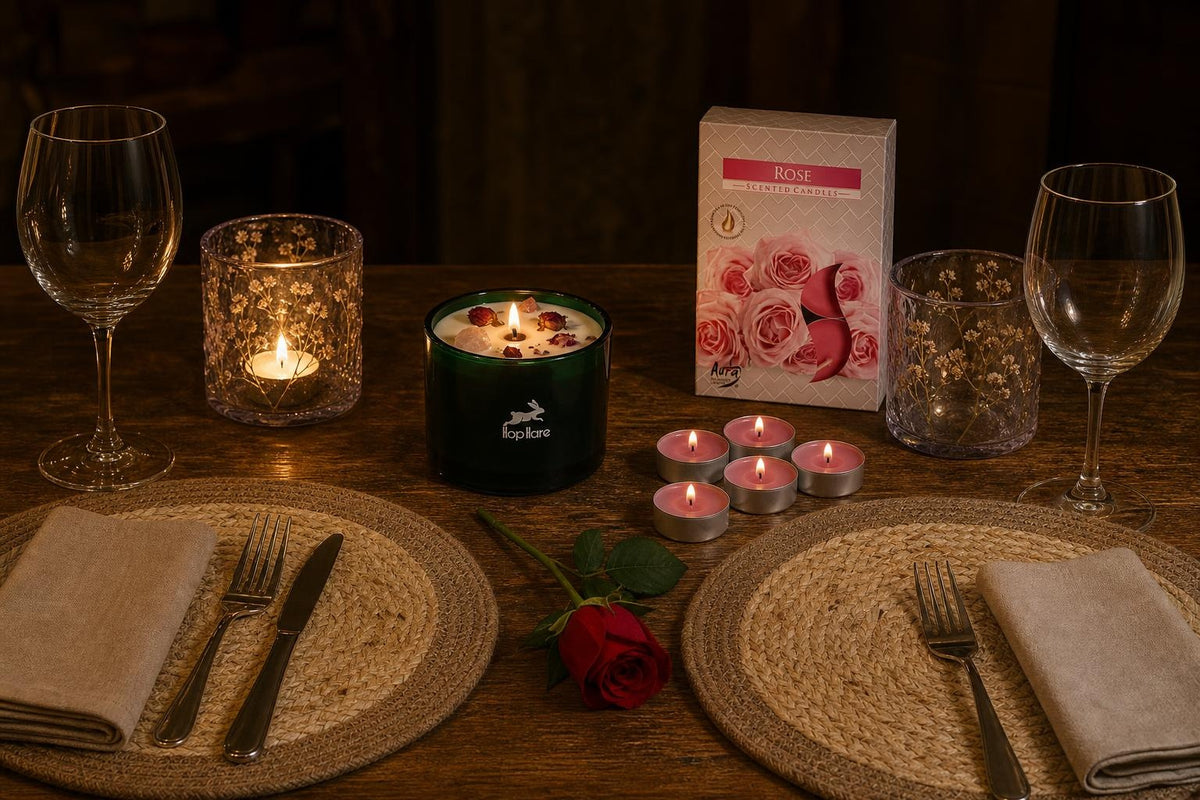 A Table for Two: A Valentine's gift set for dinner at home: a rose quartz crystal candle, two pressed-flower glass holders, rose tealights and two jute placemats