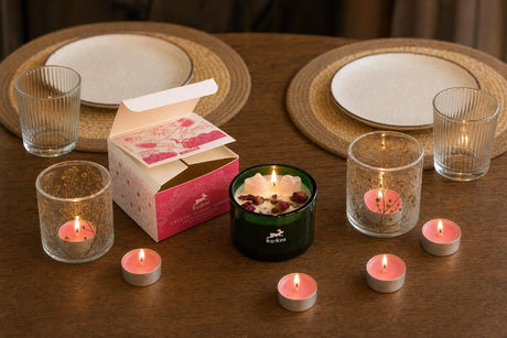 A Table for Two: A Valentine's gift set for dinner at home: a rose quartz crystal candle, two pressed-flower glass holders, rose tealights and two jute placemats