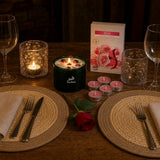 A Table for Two: A Valentine's gift set for dinner at home: a rose quartz crystal candle, two pressed-flower glass holders, rose tealights and two jute placemats