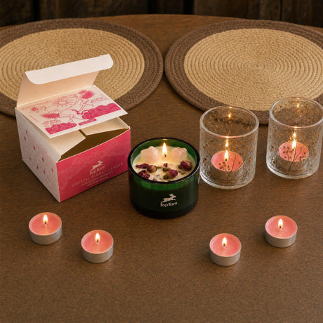 A Table for Two: A Valentine's gift set for dinner at home: a rose quartz crystal candle, two pressed-flower glass holders, rose tealights and two jute placemats