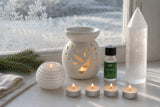 First Frost: A winter candle set in white: a selenite snowball tealight holder, a white tree burner, fir oil and a selenite point
