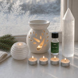 First Frost: A winter candle set in white: a selenite snowball tealight holder, a white tree burner, fir oil and a selenite point