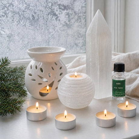 First Frost: A winter candle set in white: a selenite snowball tealight holder, a white tree burner, fir oil and a selenite point