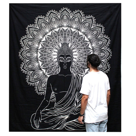 B&W Double Cotton Bedspread + Wall Hanging - Buddha - SHAMTAM.COM