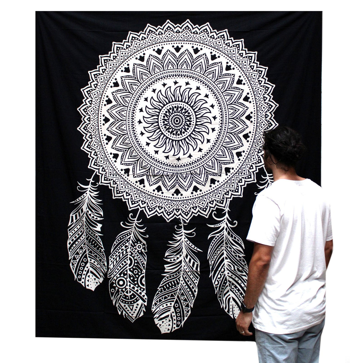 B&W Double Cotton Bedspread + Wall Hanging - Dreamcatcher - SHAMTAM.COM