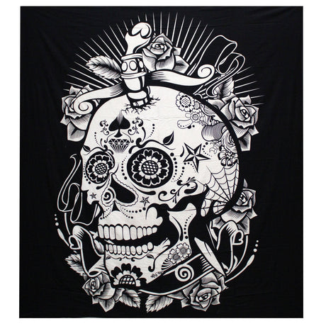 B&W Double Cotton Bedspread + Wall Hanging - Rose Skull - SHAMTAM.COM