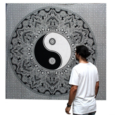 B&W Double Cotton Bedspread + Wall Hanging - Ying yang - SHAMTAM.COM