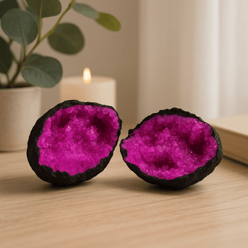 Calcit geode krystal farvet mørkerød pink