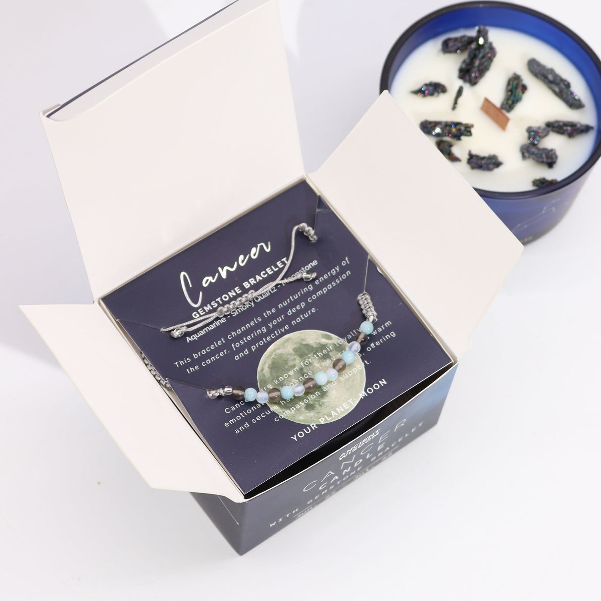 Cancer Zodiac Crystal Candle and Gemstone Bracelet Set - Enhance Intuition and Emotional Balance with Moonstone, Aquamarine, and Smoky Quartz - SHAMTAM.COM