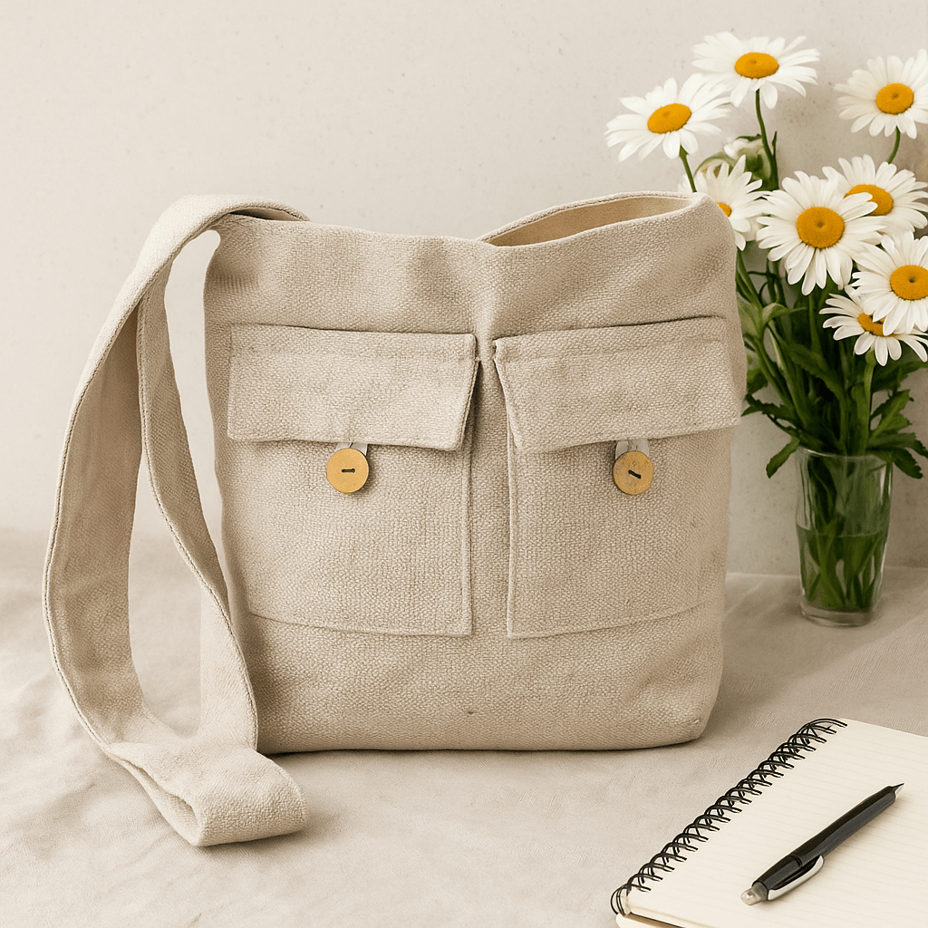 Canvas Two Pocket Tote Bag Stone Large - SHAMTAM.COM