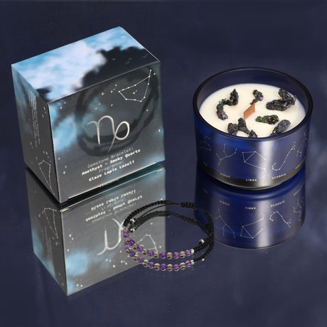 Capricorn Zodiac Crystal Candle & Gemstone Bracelet Set - Amethyst & Smoky Quartz for Grounding & Focus - SHAMTAM.COM