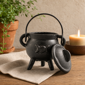 Cast Iron Cauldron with Triple Moon 6 × 10 cm — styled in a warm, naturally lit interior
