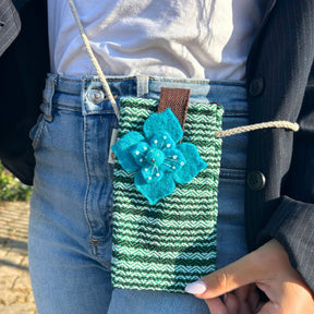 Stylish Green Striped Phone Holder Bag with Blue Flower Decor and Rope Strap - SHAMTAM.COM