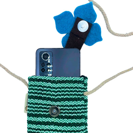 Stylish Green Striped Phone Holder Bag with Blue Flower Decor and Rope Strap - SHAMTAM.COM
