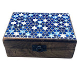 Medium Ceramic Glazed Wood Box - 15x10x6cm - Blue Stars - SHAMTAM.COM