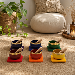 Chakra Pyramid Singing Bowl Gift Set — styled in a warm, naturally lit interior