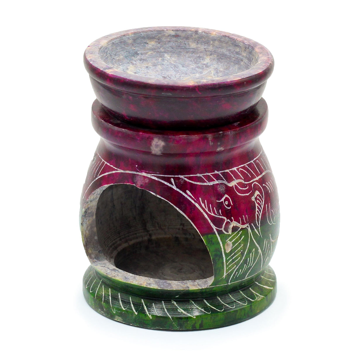 Charming 8cm Soapstone Oil Burner with Om & Elephant Design - Made in India - SHAMTAM.COM